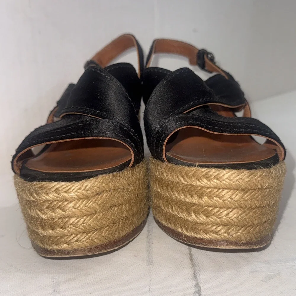 Vintage Y2K Lanvin Black Leather Platform Wood Jute Espadrille Wedge Shoes 40